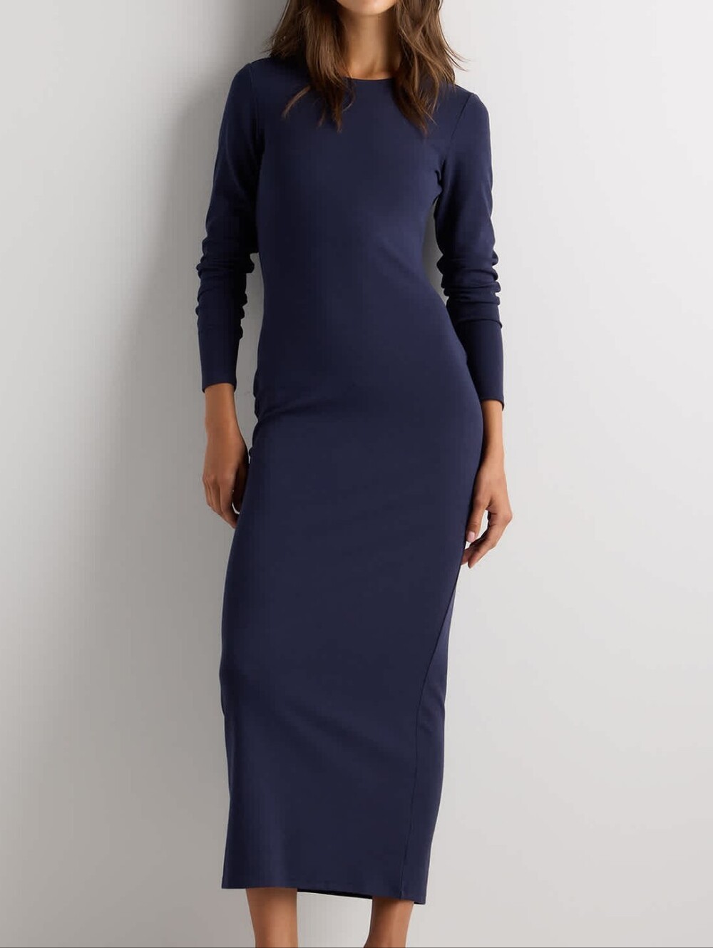 Quince Tencel Ribbed Knit Long Sleeve Navy Blue Midi Dress Size XS